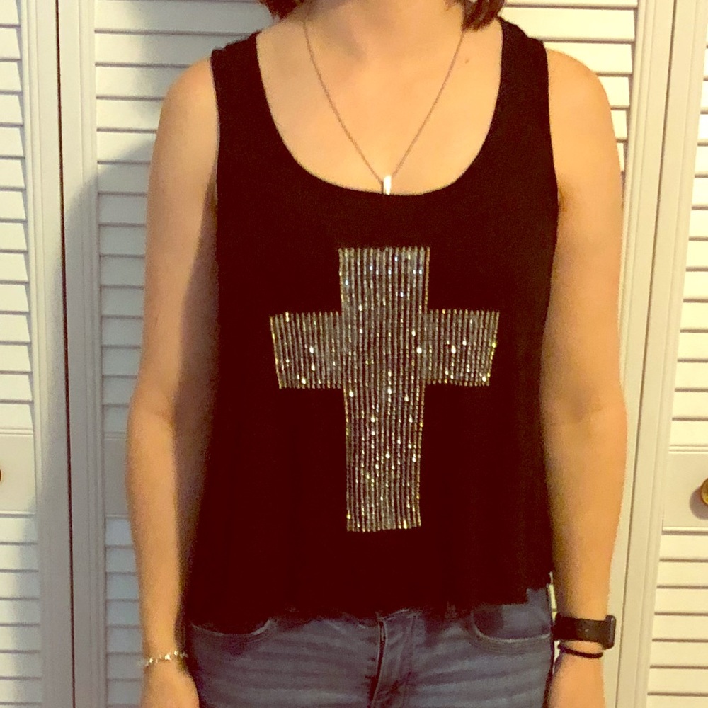 Black sparkly cross tank